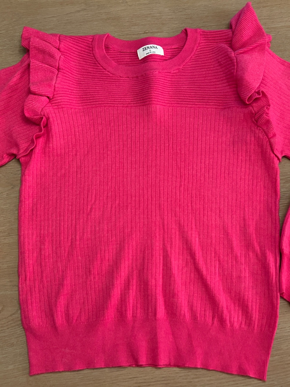 Zenana Outfitters Hot Pink Ruffle Sleeve Ribbed Sweater